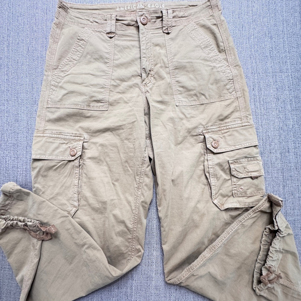 American Eagle Baggy Jogger Khaki Cargo Pants Tan Stretch Utility Women 12 Reg